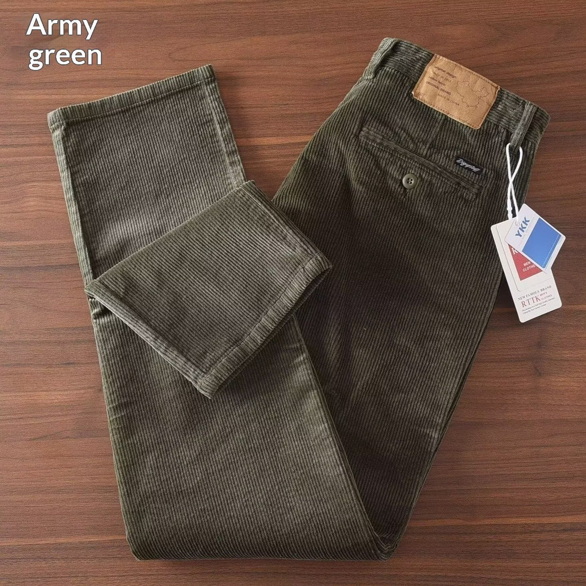 Men's corduroy straight-leg trousers in army green with zip fly and front button closure