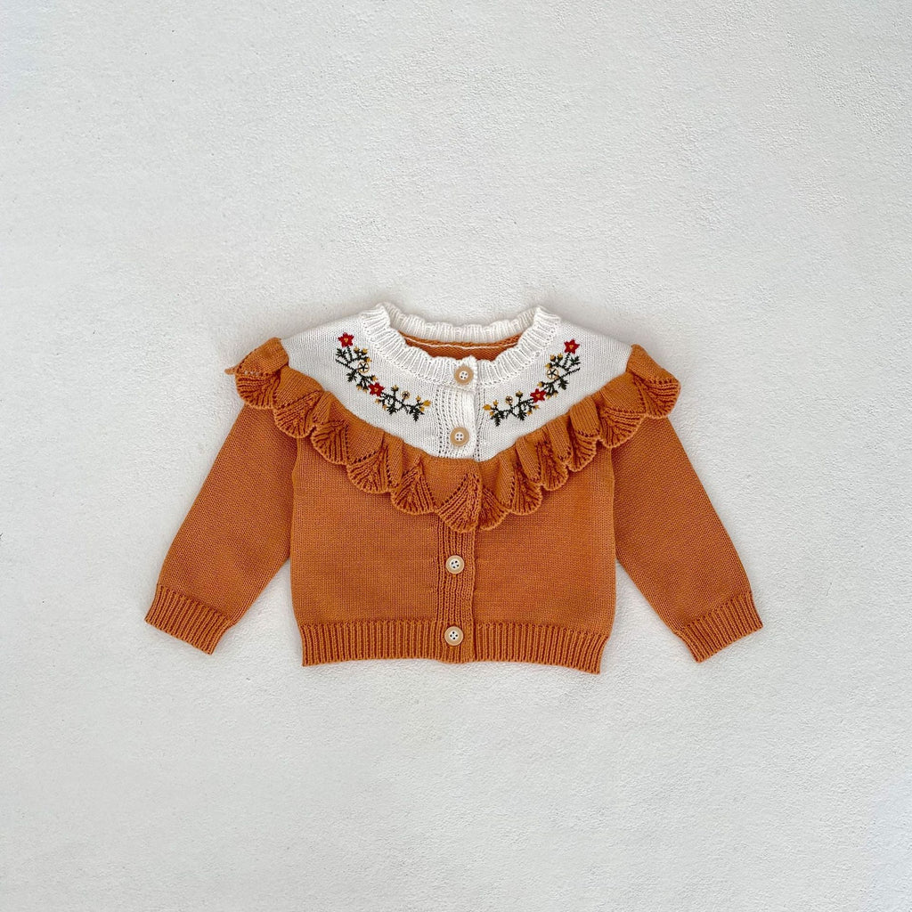 Camel knitted cardigan with white embroidered yoke, ruffled collar, button front, long sleeves