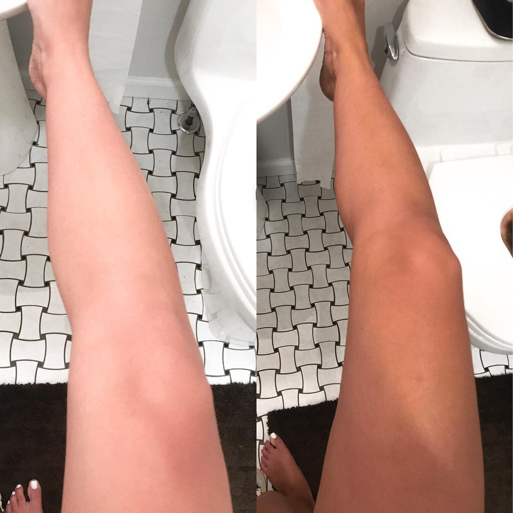 Tanned legs standing in underwear, shown from upper thighs down in bathroom.