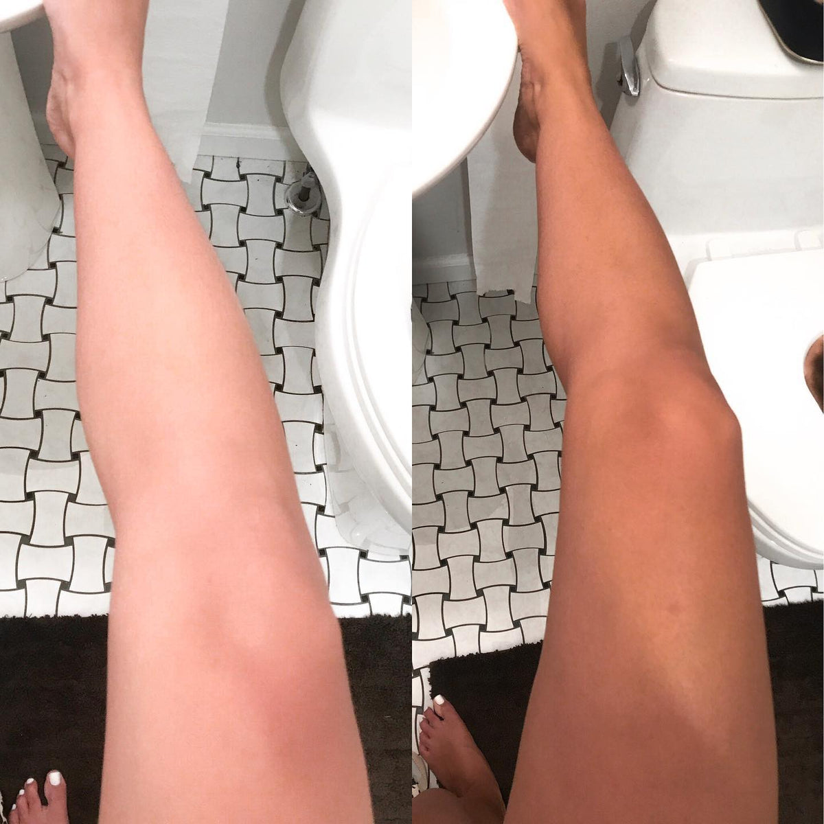 Tanned legs standing in underwear, shown from upper thighs down in bathroom.