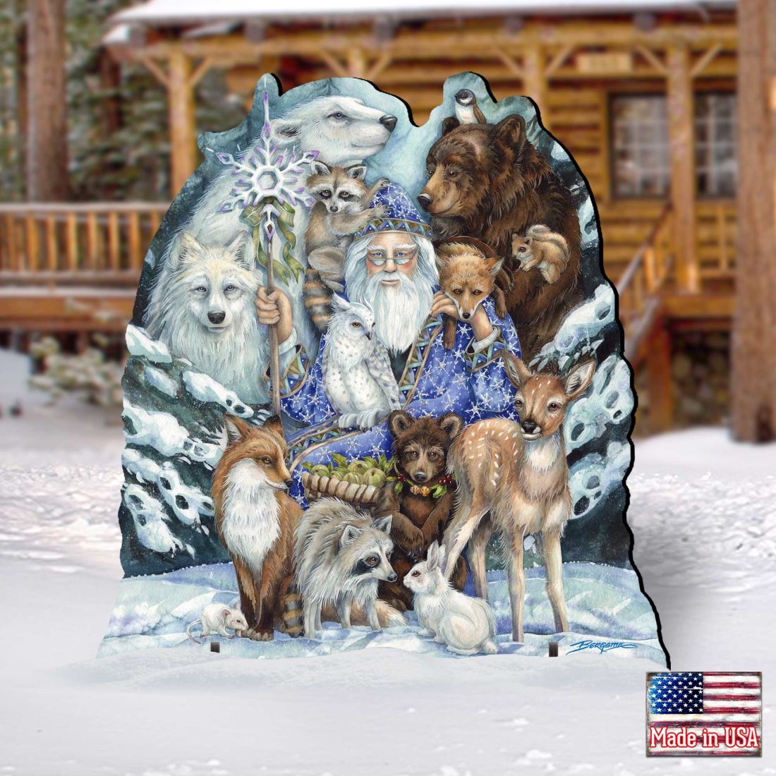 Outdoor holiday yard sign with Father Winter and woodland animal illustration