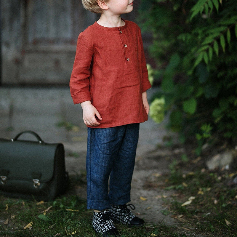 Boys rust-red cotton-linen long-sleeve shirt with half-open collar and front buttons
