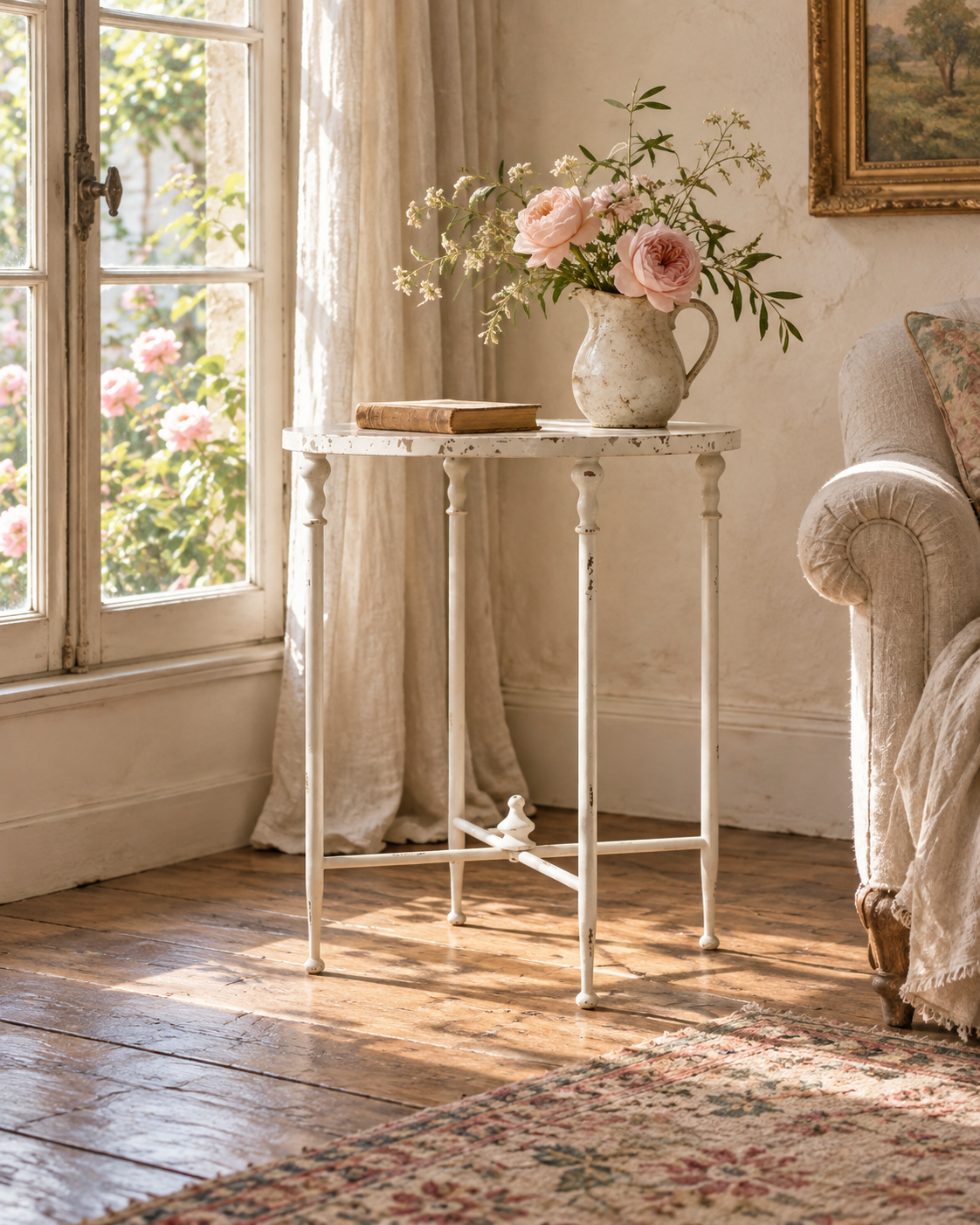 Antiqued metal round side table with white distressed finish and four slender legs