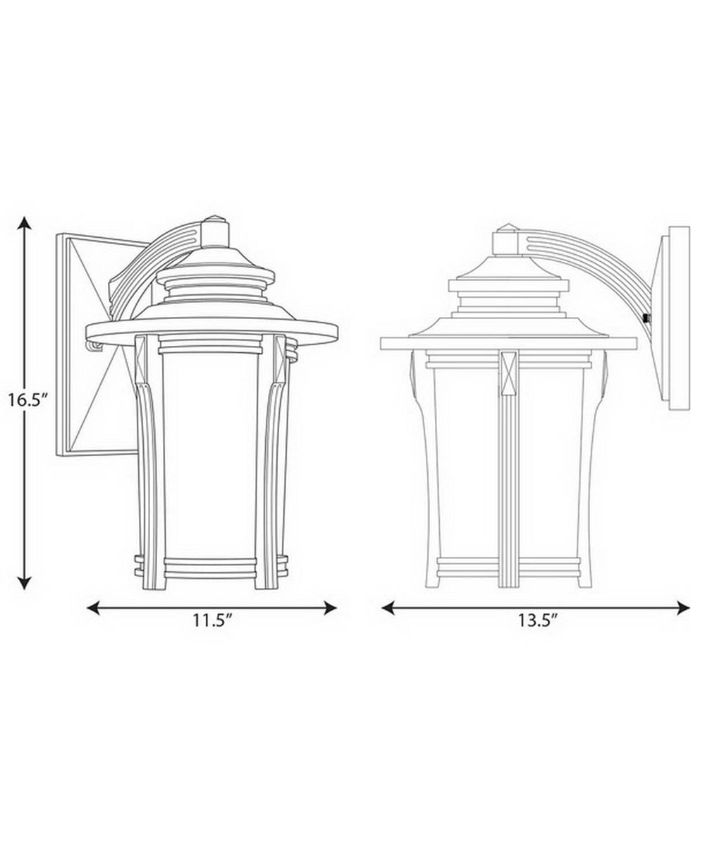 Outdoor wall lantern dimensions diagram, dark finish, 16.5"H and 11.5"W