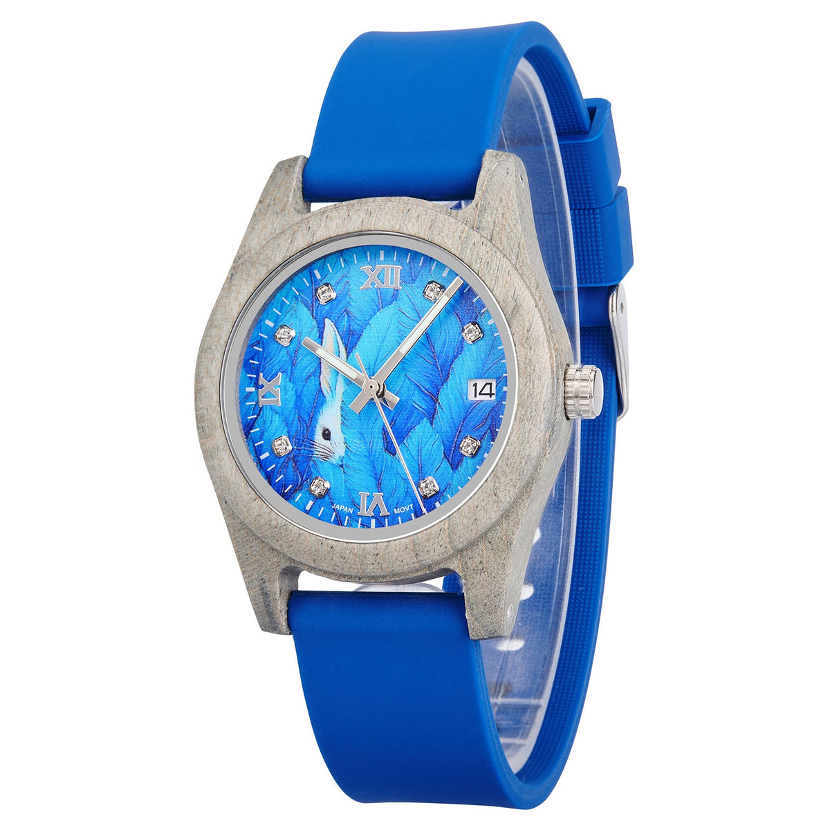 Stone-gray wood wristwatch with blue roman numeral dial and blue silicone strap.
