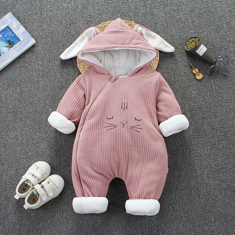 Pink baby snowsuit romper with hood, bunny-ear lining, and stitched face detail