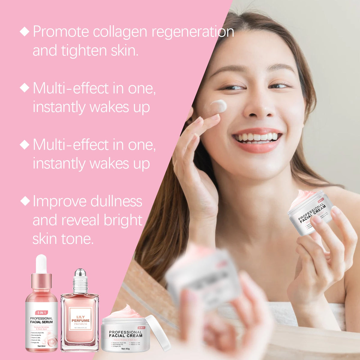 Pink skincare gift set with serum bottles and cream pouch held by smiling woman