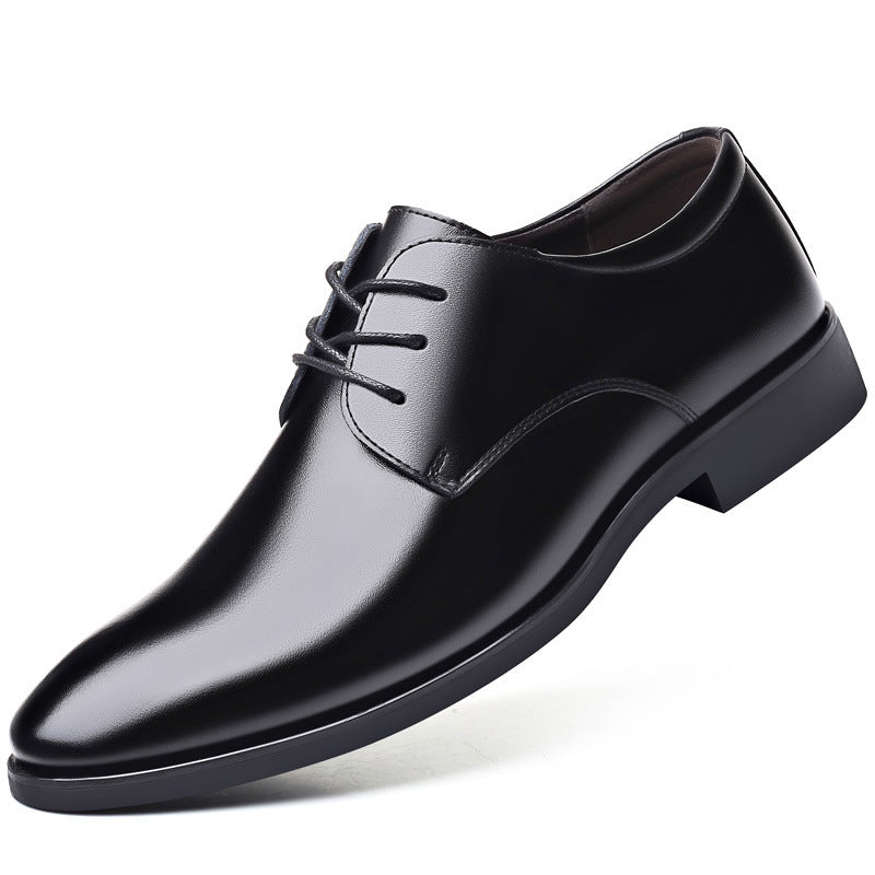 Men's black leather lace-up oxford dress shoe, single shoe front view.