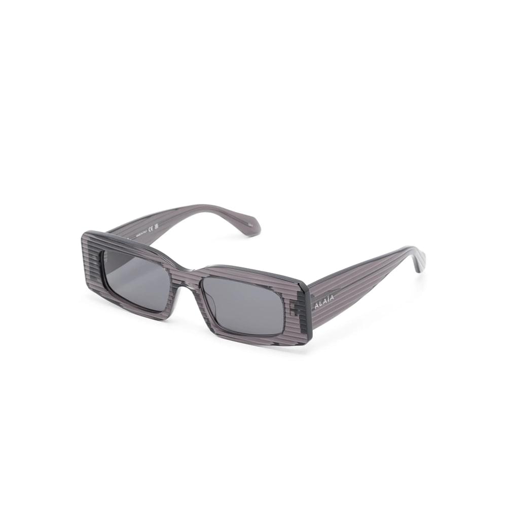 Grey square sunglasses with dark lenses and angular ribbed temples