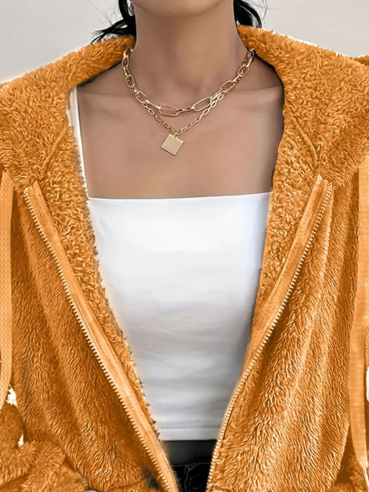 Mustard orange fleece zip-up jacket front view with full zipper