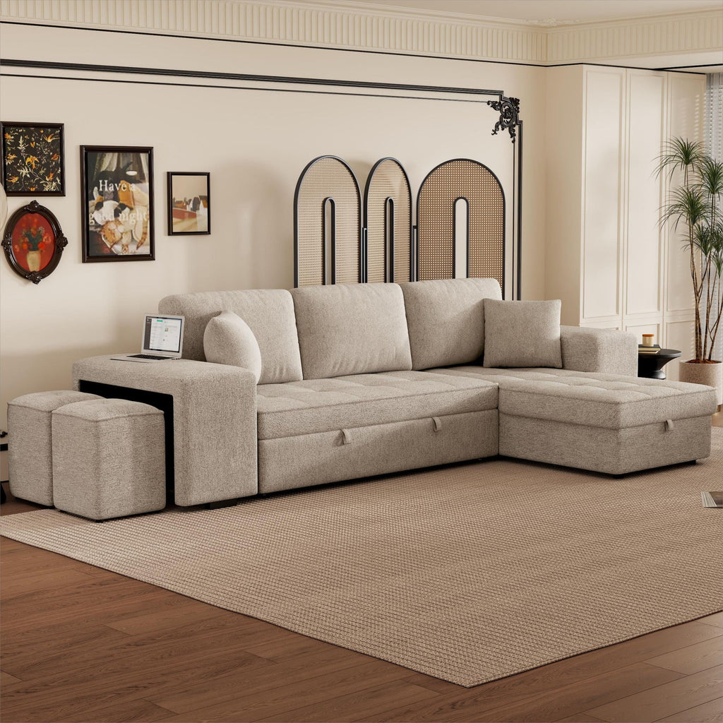 Convertible L-shape sectional sleeper sofa with storage chaise, beige upholstery, 2 matching stools