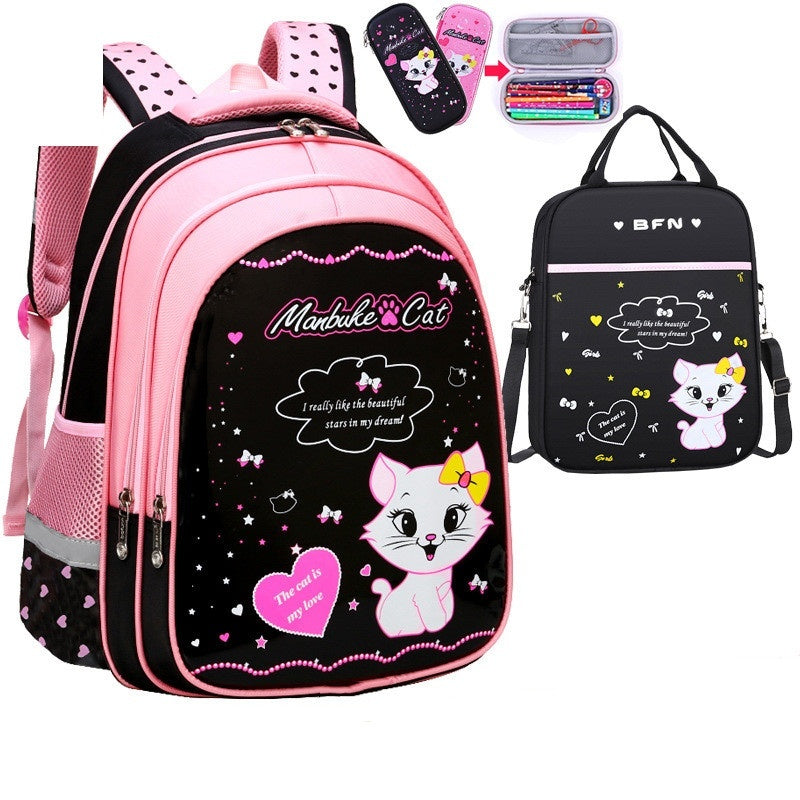 Kids cat print backpack set with pink backpack, matching black bag, and pencil case