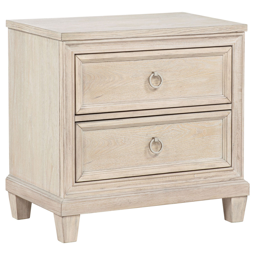Washed oak nightstand with two drawers and round metal knobs