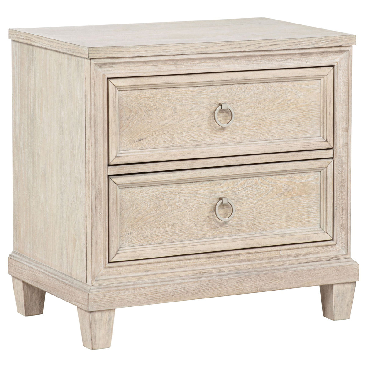 Washed oak nightstand with two drawers and round metal knobs