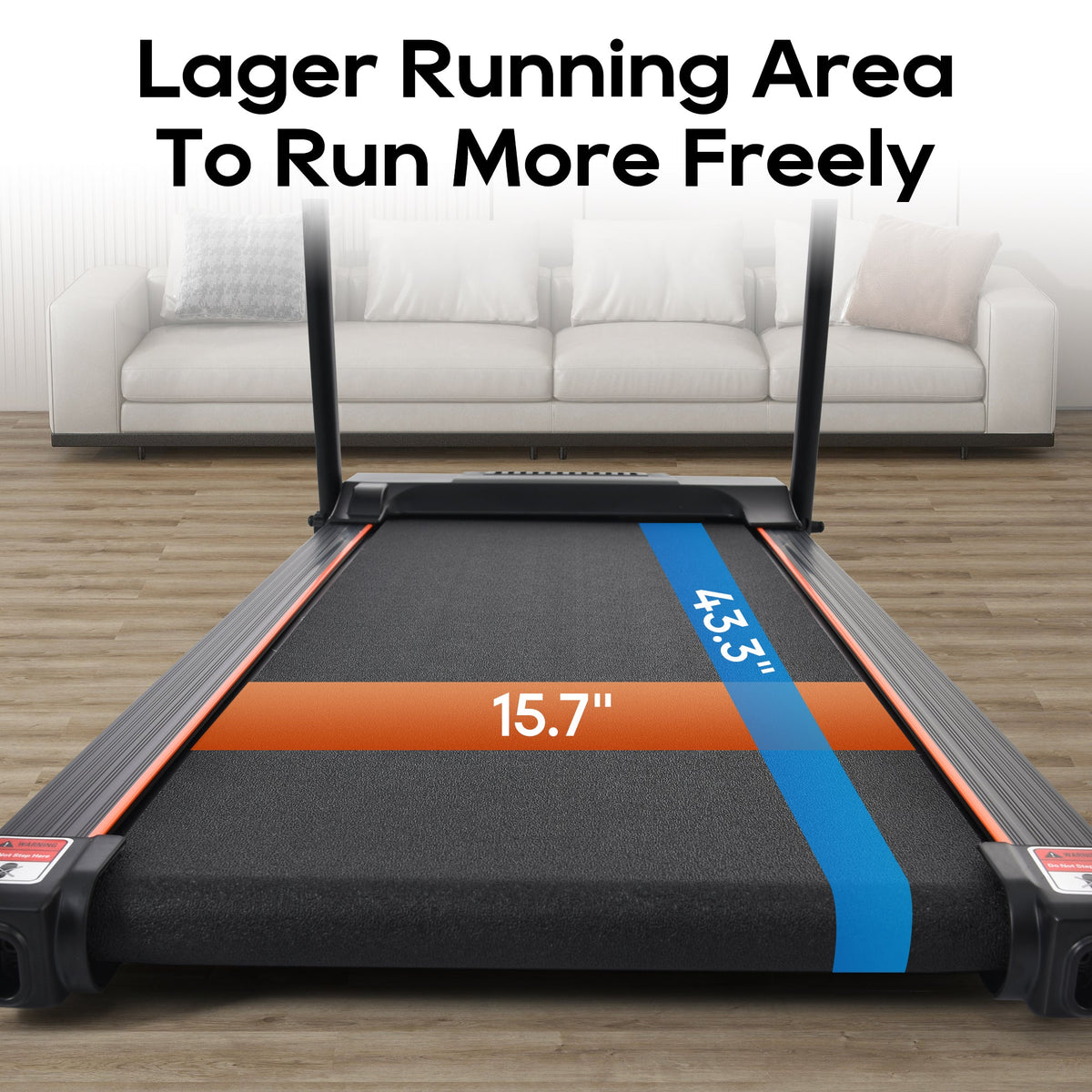 Black treadmill with larger running surface, blue stripe, and orange border on deck