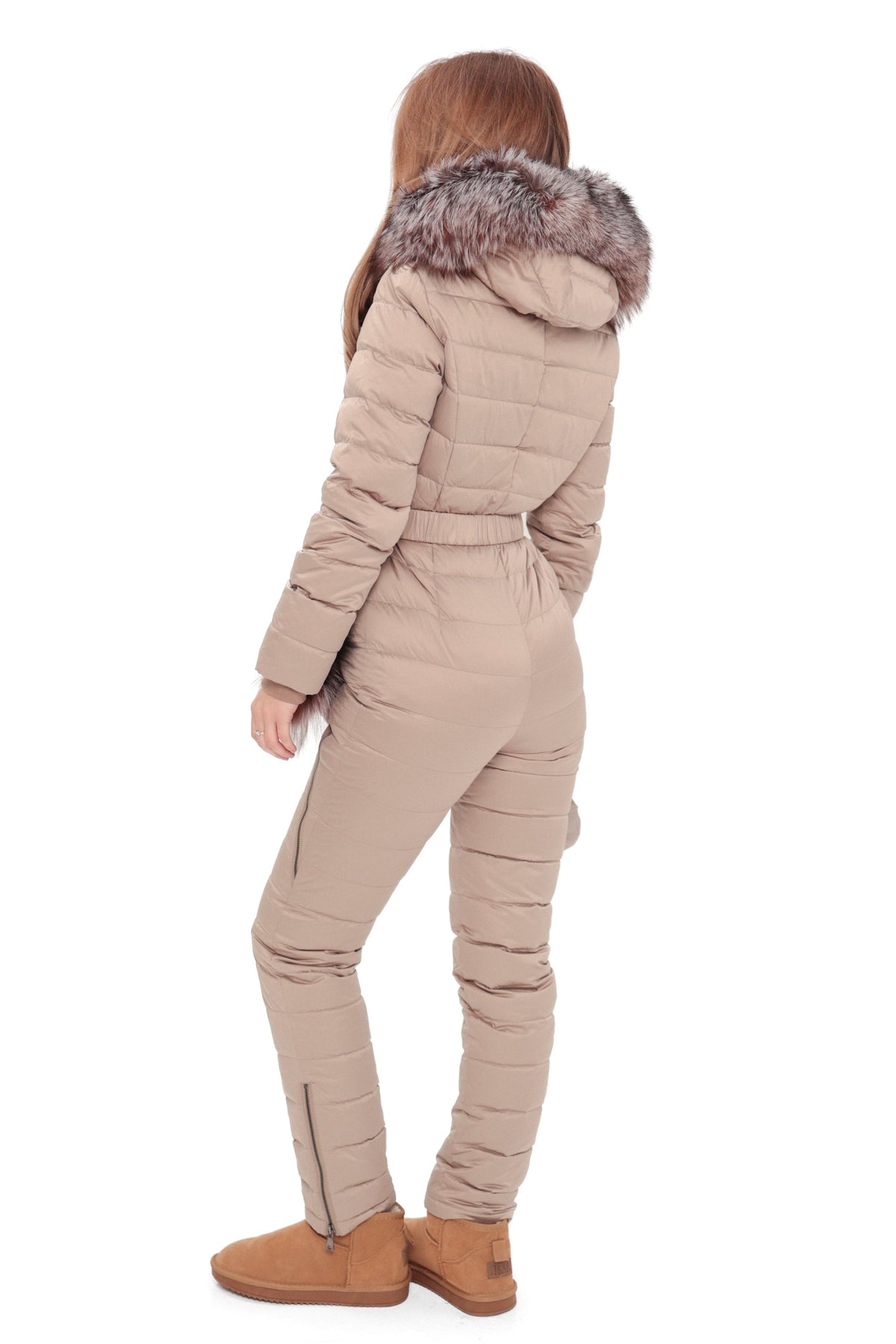 Beige down-insulated snow suit from behind, with hood and faux-fur trim.