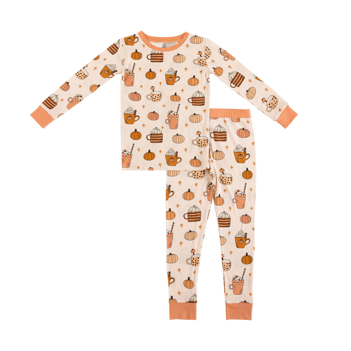 Cream long-sleeve pajama set with orange trim and autumn drink and pumpkin print