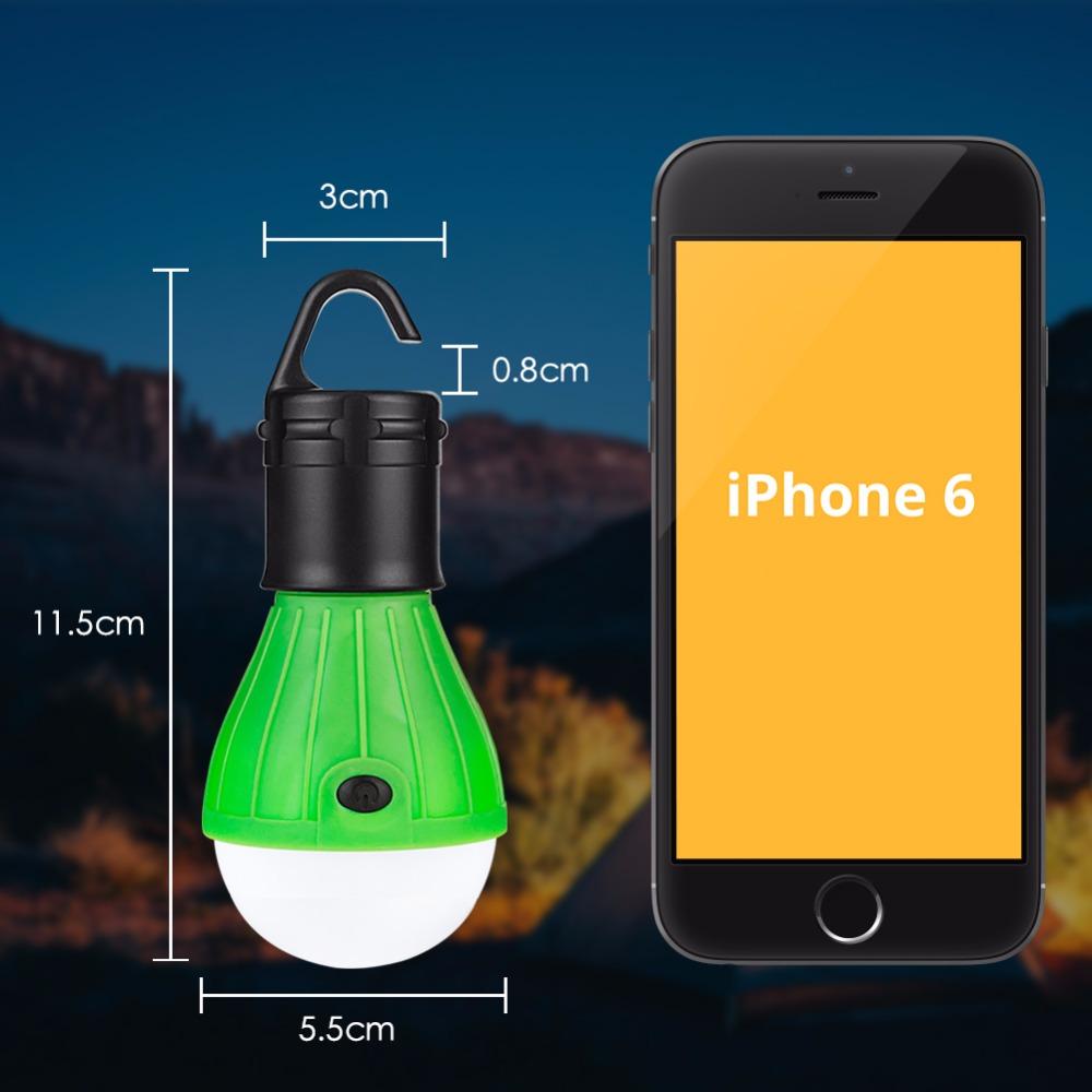 Green LED camping lantern bulb with hanging handle and white light globe