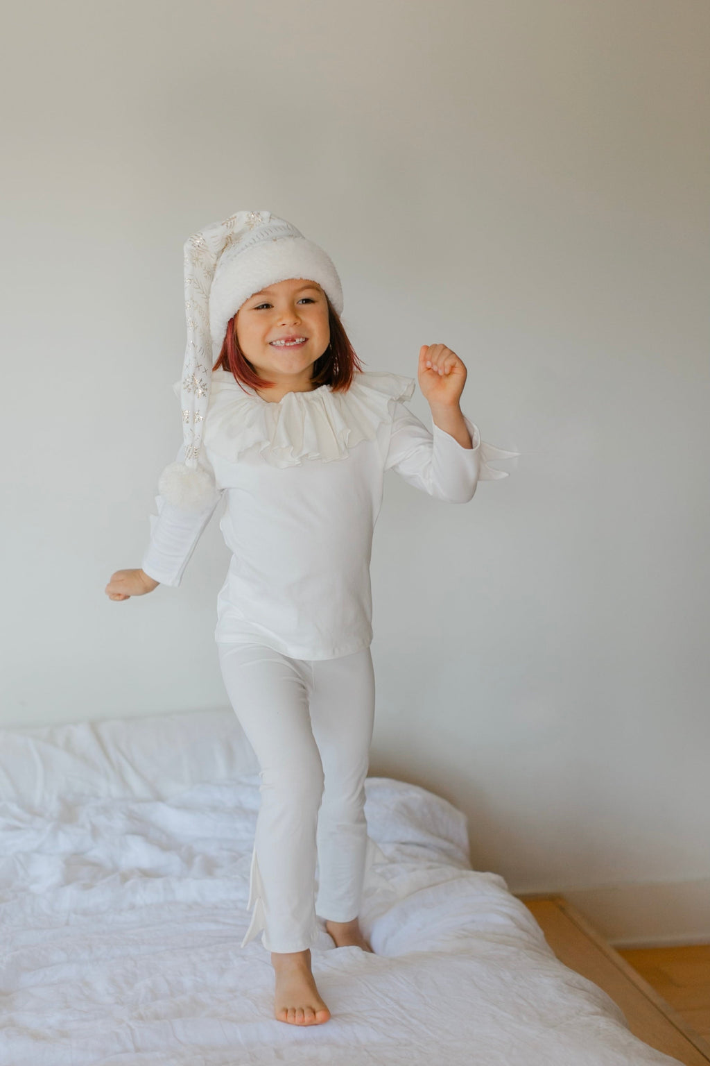 White elf costume set for kids with hooded hat and matching white pants