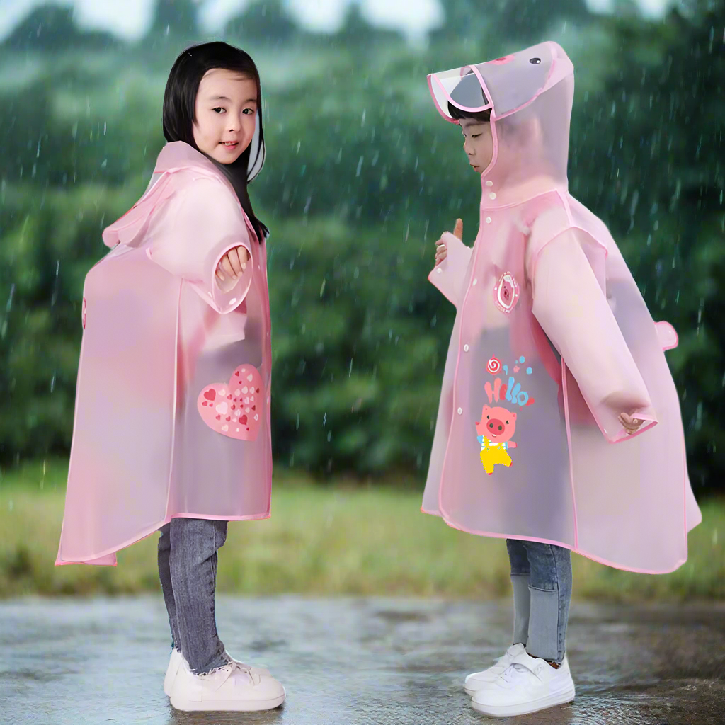 Kids pink poncho-style clear raincoat with hood, visor, and side sleeves