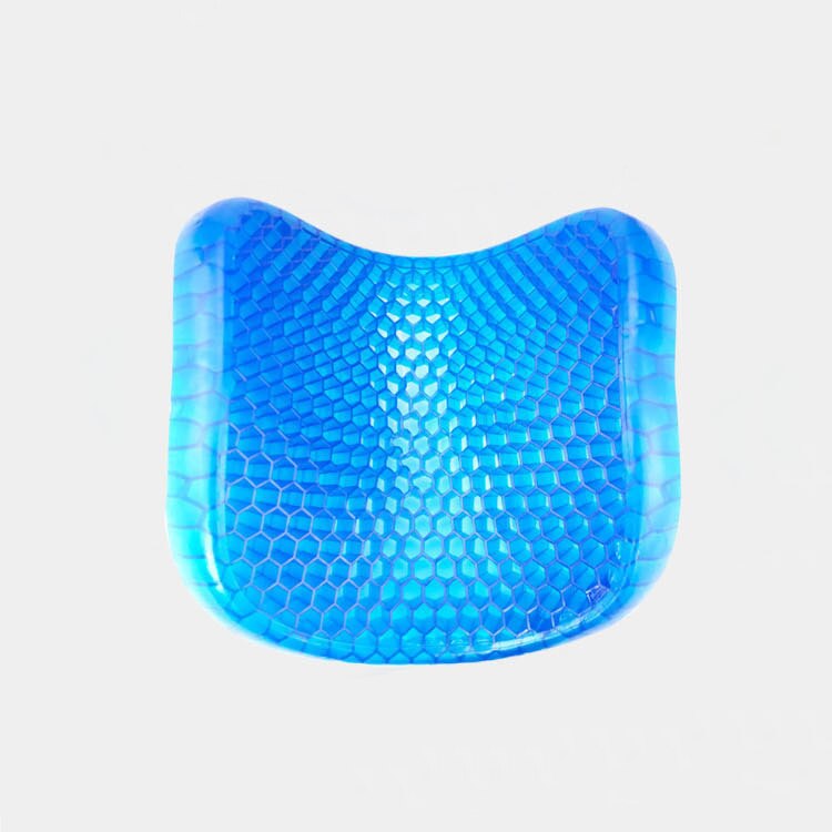 Light blue curved gel seat cushion with hex honeycomb texture