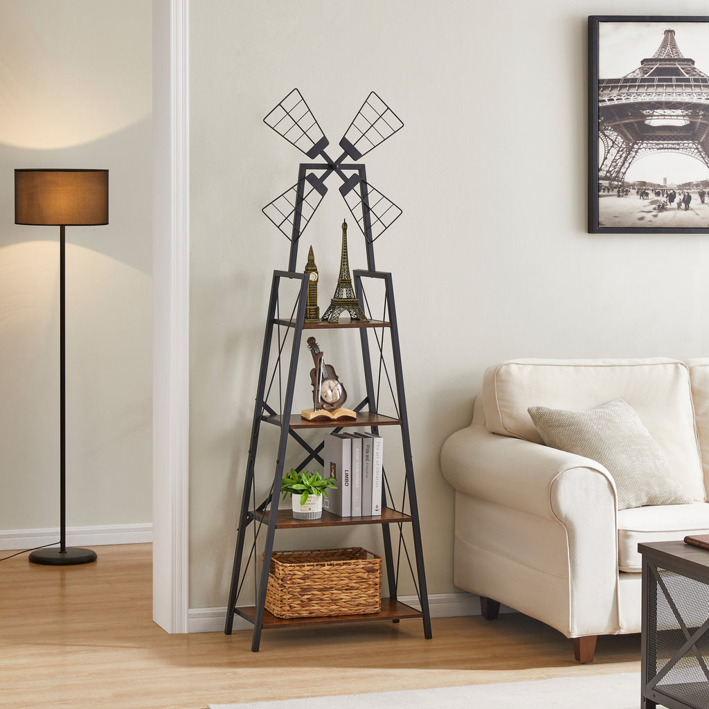 Rustic narrow book shelf with black metal frame and four brown wood shelf levels
