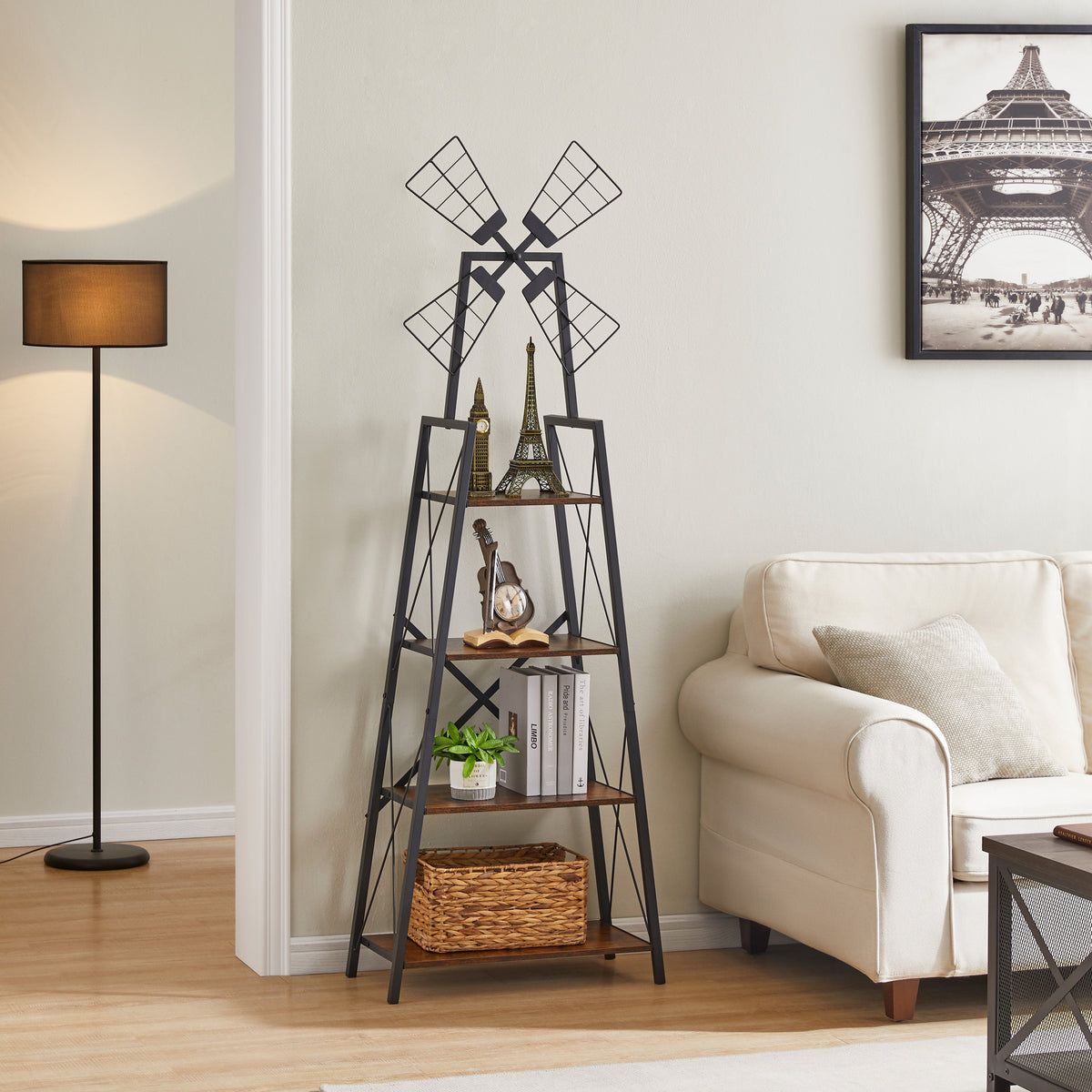 Rustic narrow book shelf with black metal frame and four brown wood shelf levels