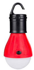 Red LED camping lantern bulb with hanging handle and white light globe