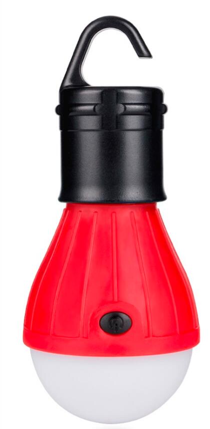 Red LED camping lantern bulb with hanging handle and white light globe