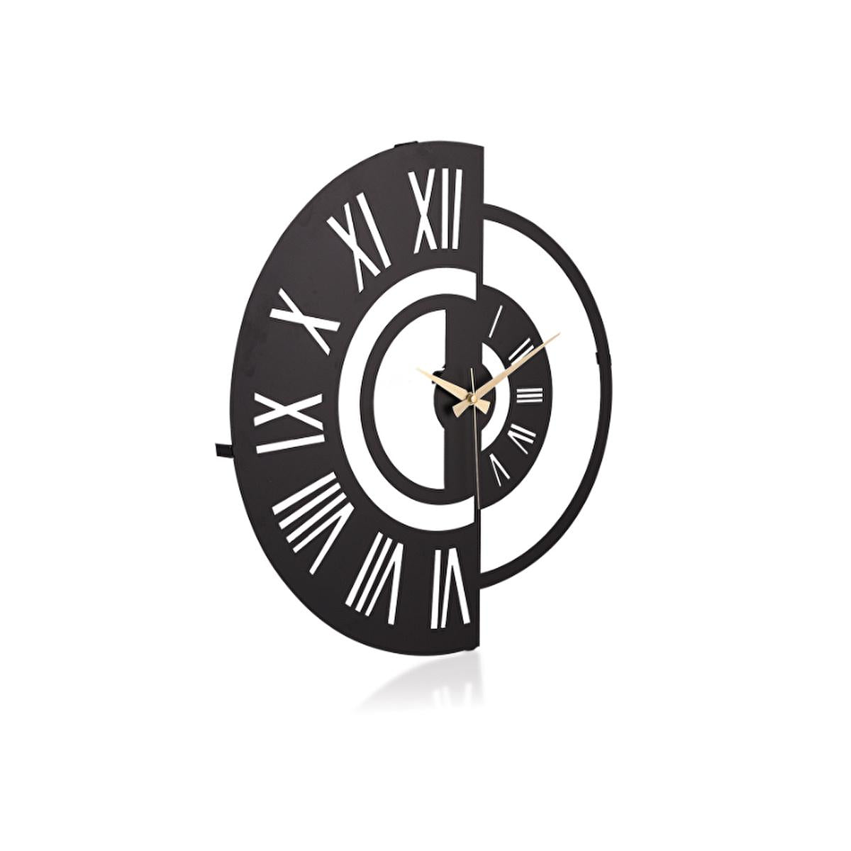 Black modern silent wall clock with Roman numerals, gold-tone hands and bold outer ring