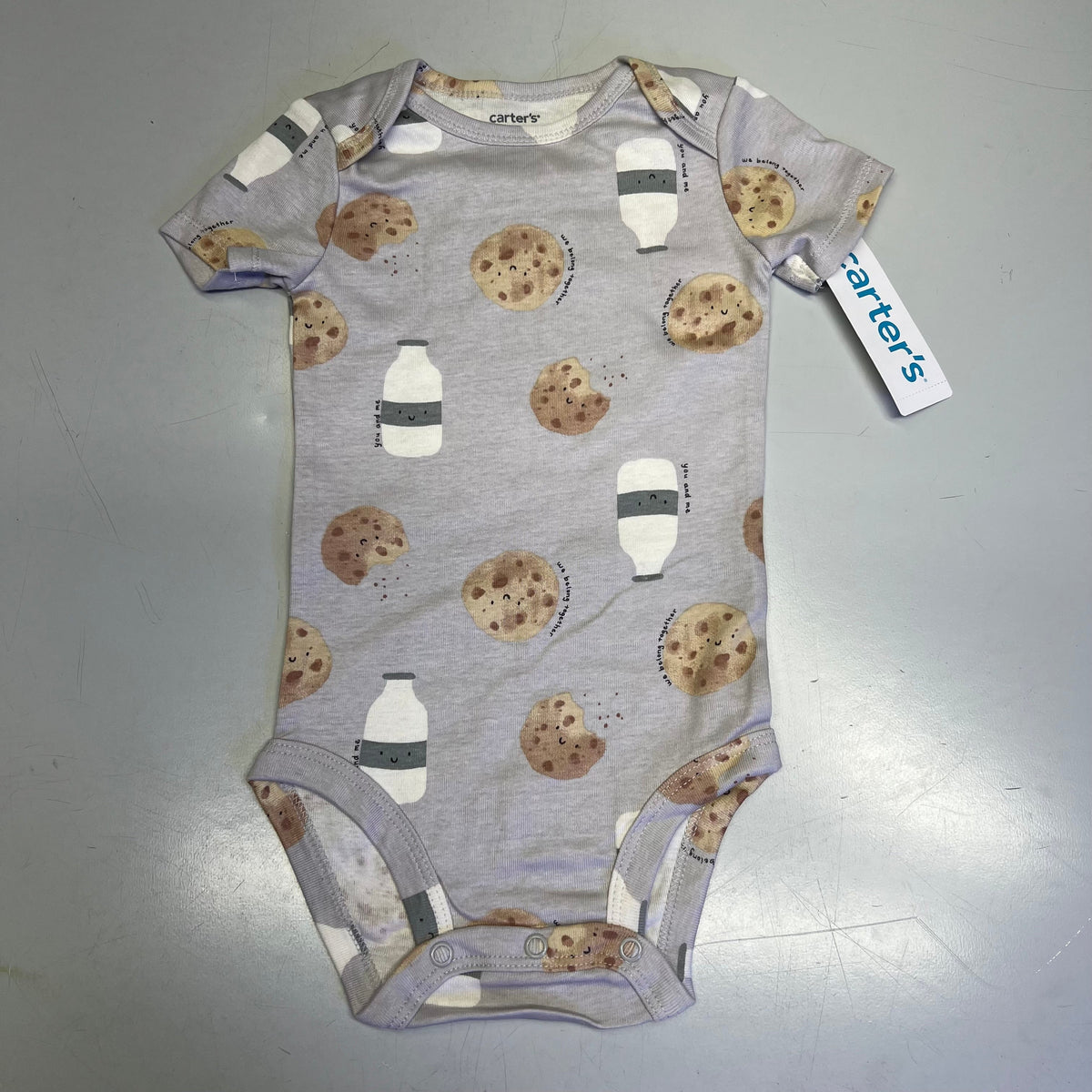 Baby cotton cookie-print short-sleeve bodysuit with snap legs, on hanger