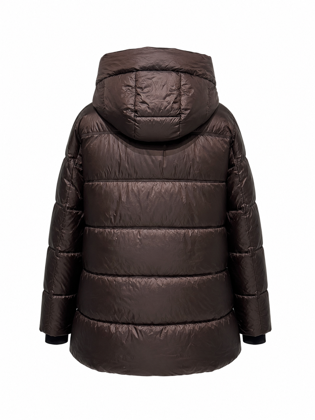Chocolate hooded puffer jacket, back view with quilted panels and zip closure