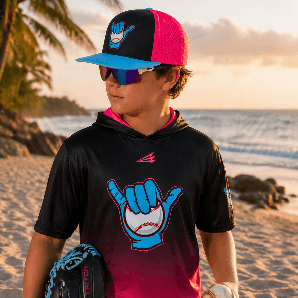 Youth short sleeve hoodie in black and magenta gradient, glove graphic on chest