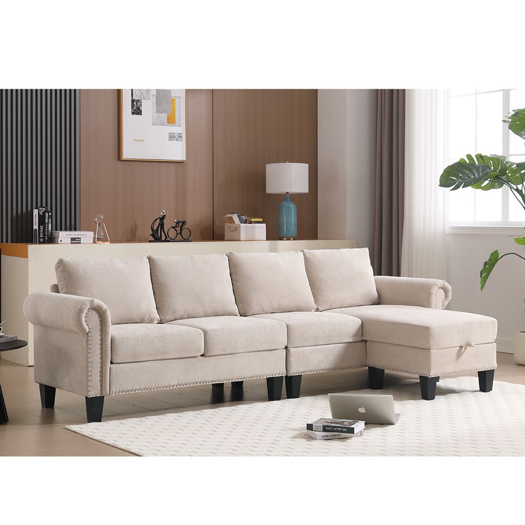 Beige linen sectional sofa with corner chaise and tufted back cushions, dark feet.
