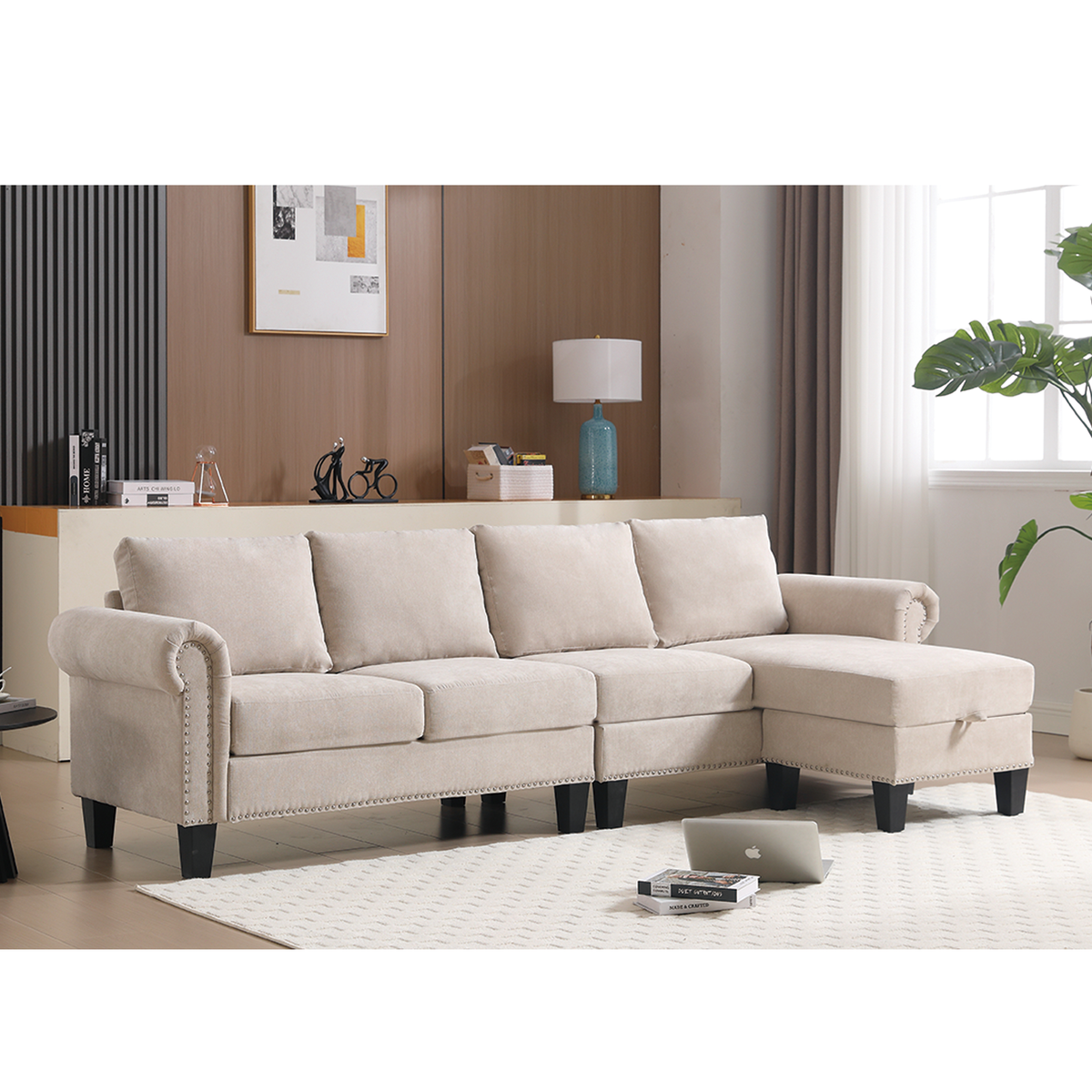 Beige linen sectional sofa with corner chaise and tufted back cushions, dark feet.