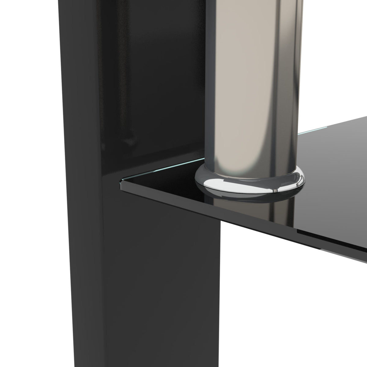 Close-up of black glass coffee table leg with chrome base ring
