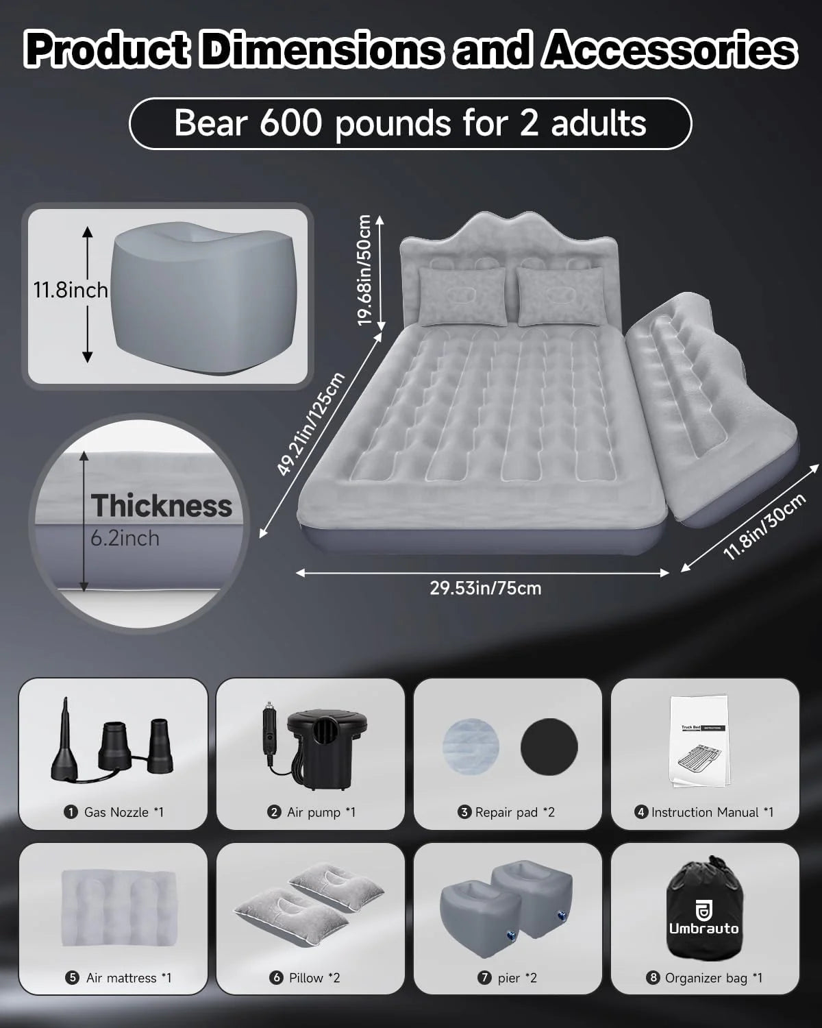 Gray inflatable car air mattress with two pillows and accessory set shown