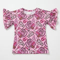 Kids ruffle-sleeve tee in pink with colorful school supply pattern