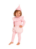 Pink clown costume with polka-dot hat, ruffled top, and striped bloomer