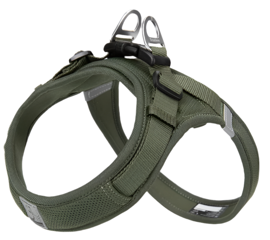 Moss green mesh dog harness with padded straps, quick-release buckle, and D-ring
