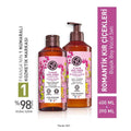 Floral body care set of two pump bottles, amber and pink labels, 400 ml & 390 ml