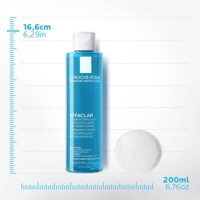 La Roche-Posay Effaclar face toner bottle with size marking and white cotton pad