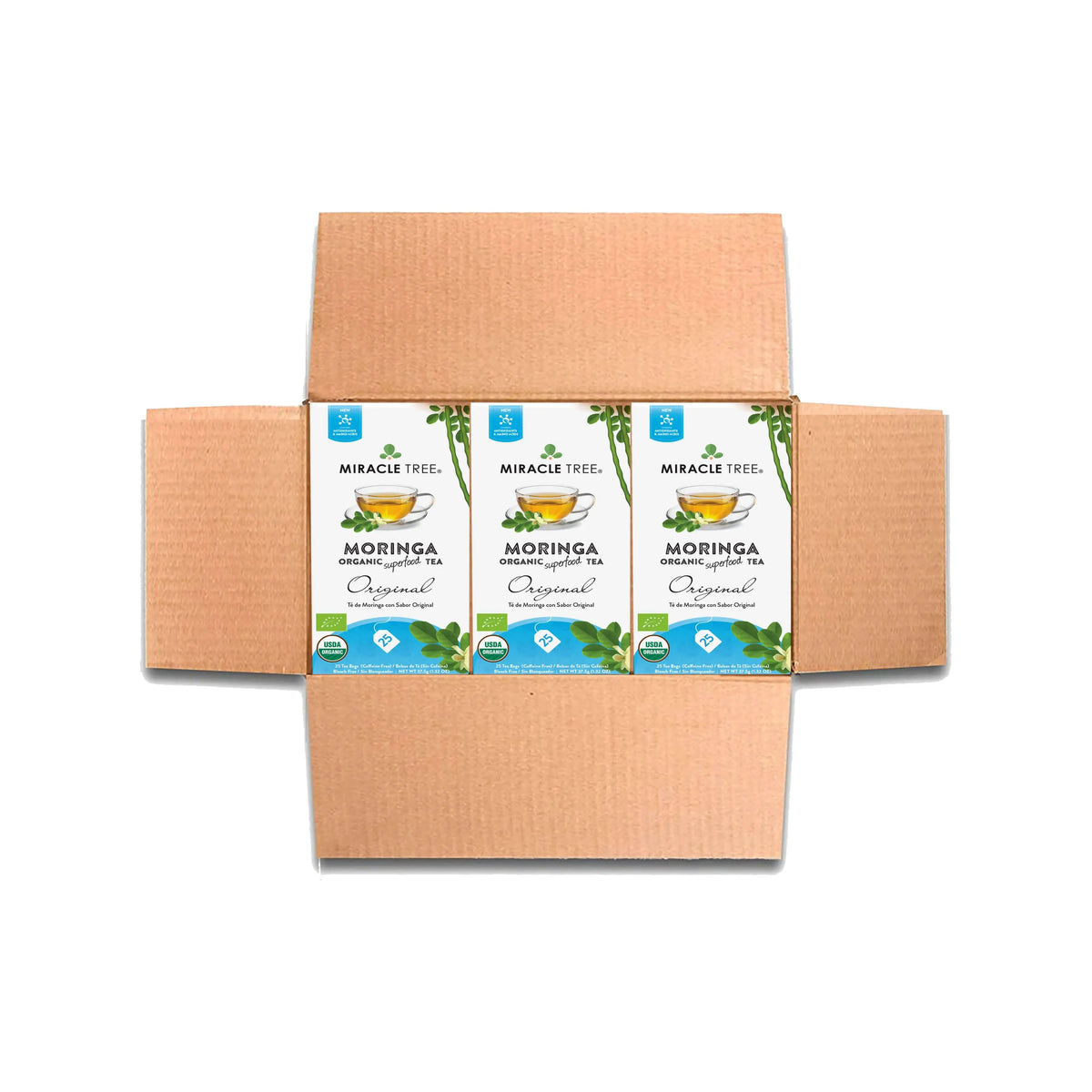 Cardboard tea multipack with three Miracle Tree Moringa original boxes