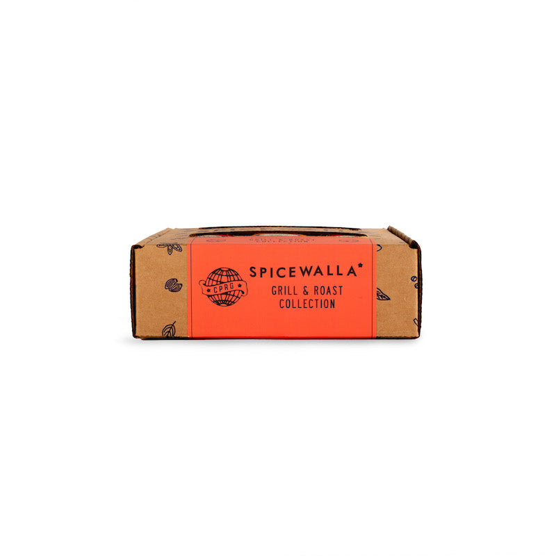 SpiceWalla grill & roast collection cardboard box with orange front panel