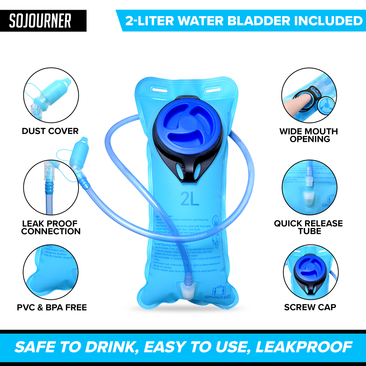 2L water hydration bladder with screw cap, wide-mouth opening, and quick tube