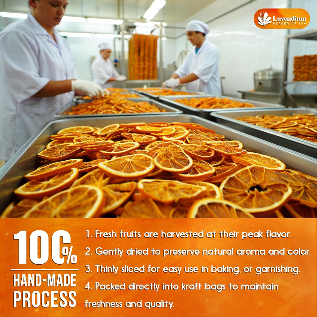 Tray of dried orange slices laid out for drying in a production room