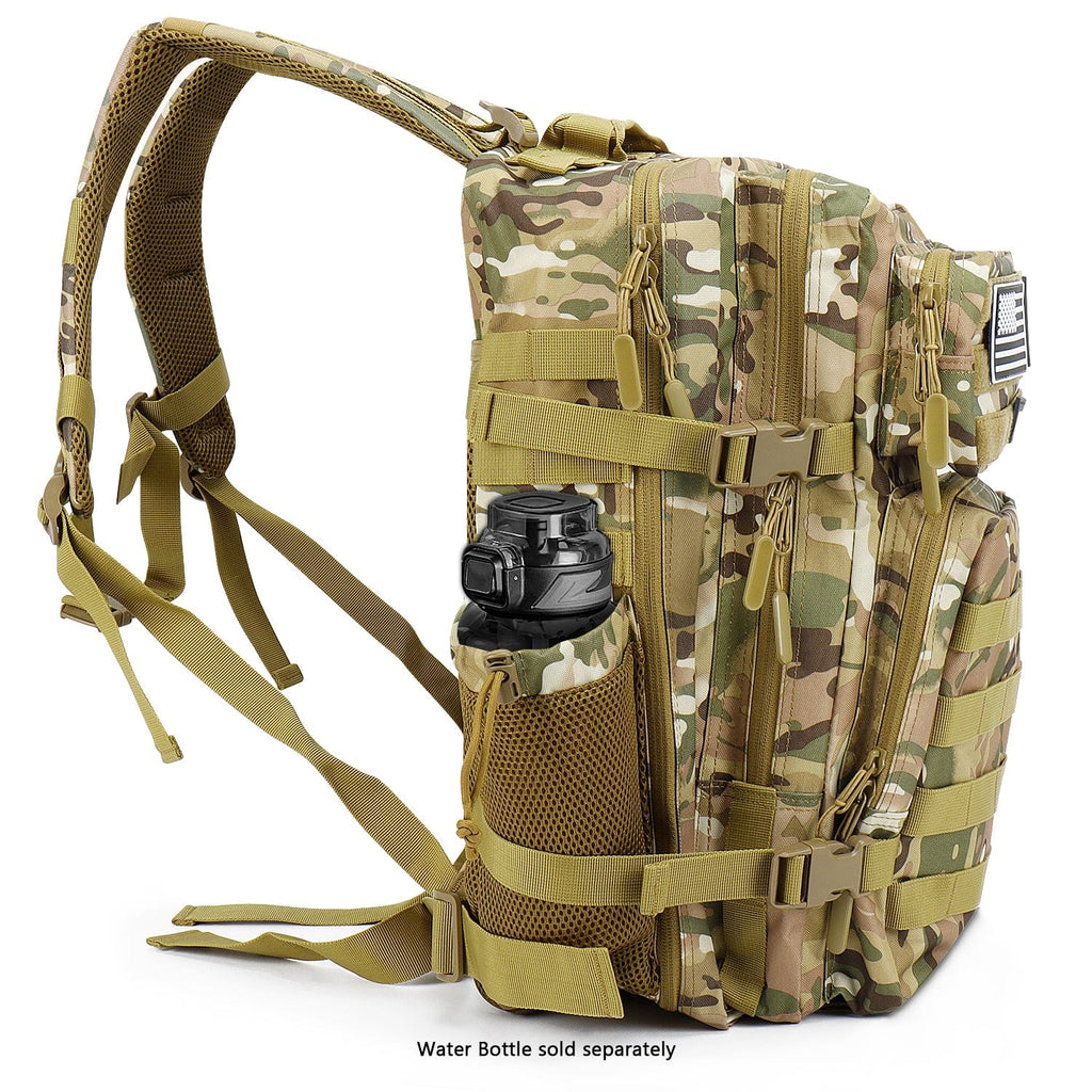 Camouflage travel backpack with front pockets, padded back panel, and side bottle holder.
