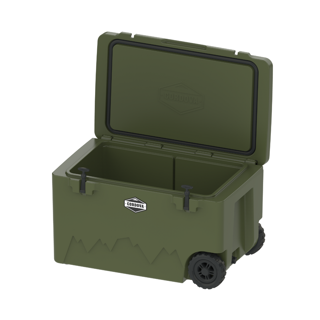 125 qt wheeled cooler with lid open and front access panel, latch tabs, and wheels; dark green