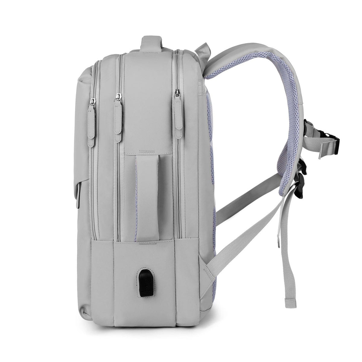 Storm gray laptop travel backpack with side zippers and adjustable shoulder straps