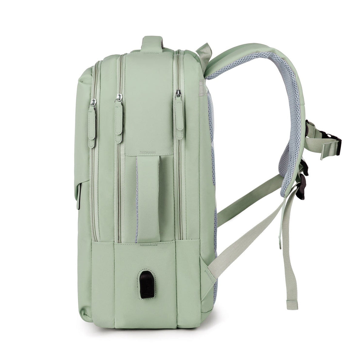 Mint green travel backpack with front pockets and zip compartments.